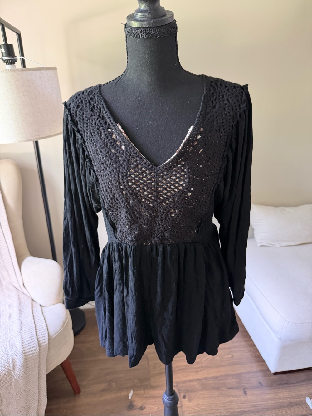 white birch Black Crochet V-Neck Peplum Blouse